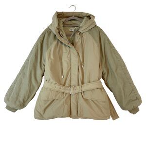 Zara Coat Parka Womens Small Tan Khaki Belted Hooded Zip Up Snaps Flap Pockets